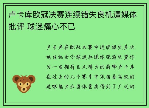 卢卡库欧冠决赛连续错失良机遭媒体批评 球迷痛心不已